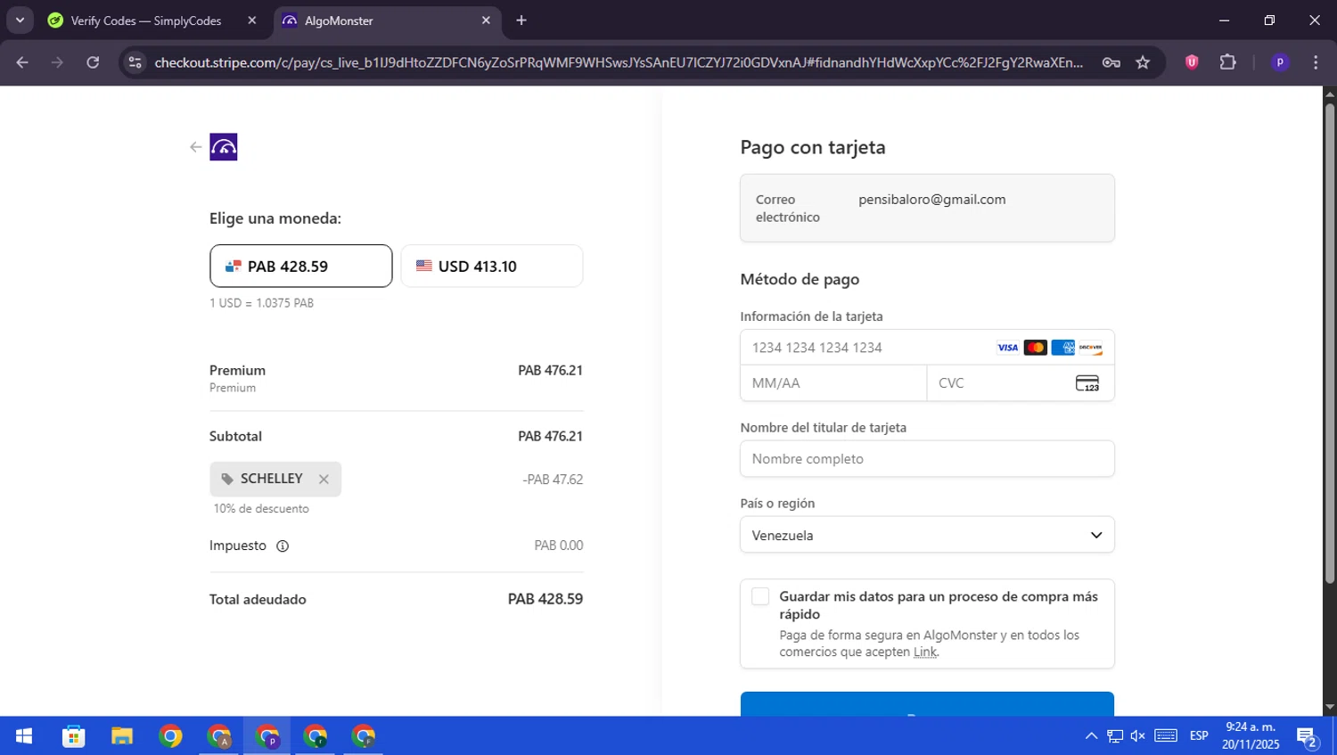 Algo Monster promo code screenshot showing code SCHELLEY applied at Algo Monster checkout page. Uploaded by SimplyCodes community member RebateScout6612 on Nov 20, 2025