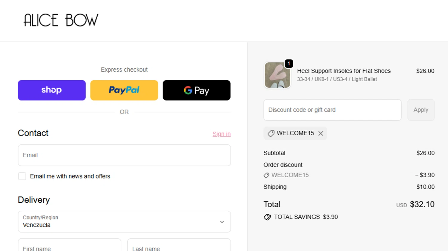 Alice Bow promo code screenshot showing code WELCOME15 applied at Alice Bow checkout page. Uploaded by SimplyCodes community member Stun222 on Dec 19, 2025