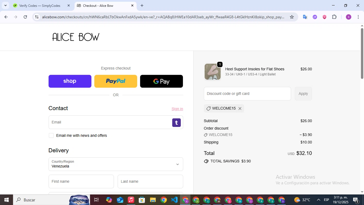 Alice Bow promo code screenshot showing code WELCOME15 applied at Alice Bow checkout page. Uploaded by SimplyCodes community member WonderPioneer5062 on Dec 19, 2025