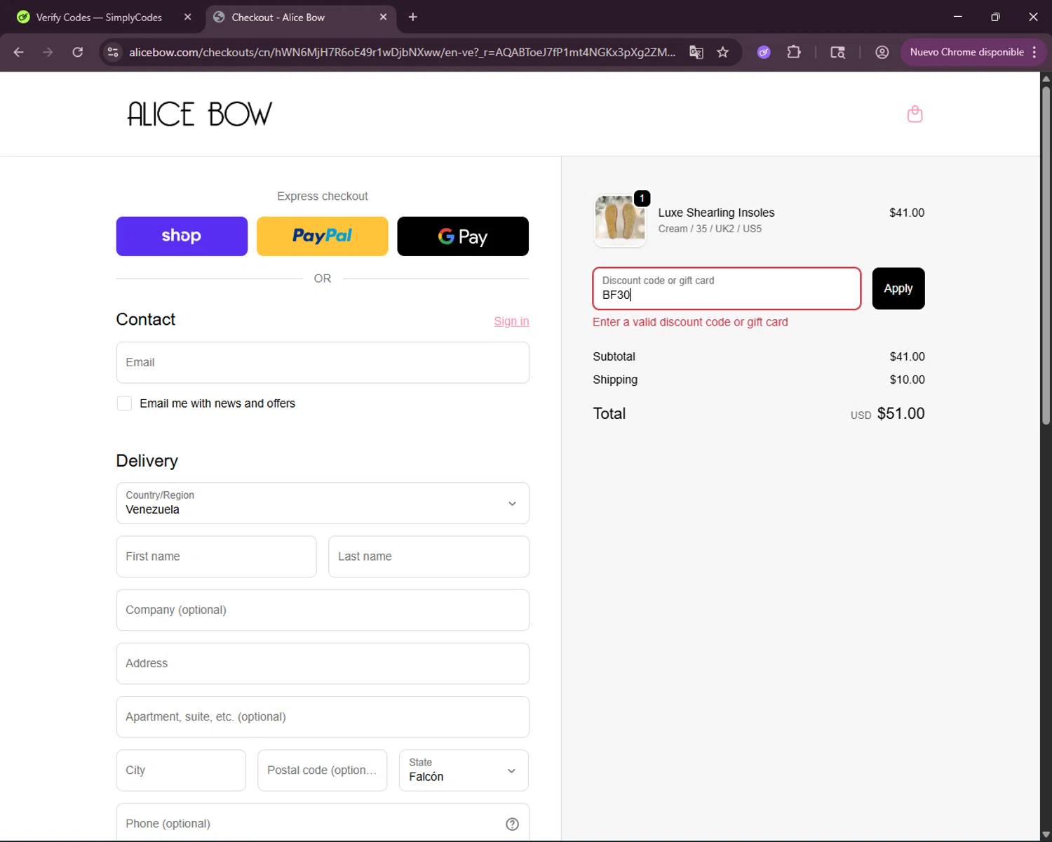 Alice Bow promo code screenshot showing code BF30 applied at Alice Bow checkout page. Uploaded by SimplyCodes community member CoinHunter8661 on Dec 13, 2025