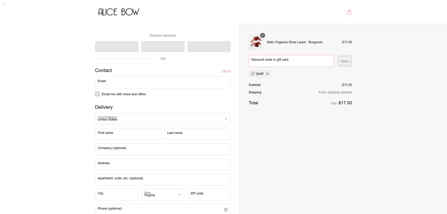 Alice Bow promo code screenshot showing code SHIP applied at Alice Bow checkout page. Uploaded by SimplyCodes community member PromoSeeker7158 on Apr 13, 2025
