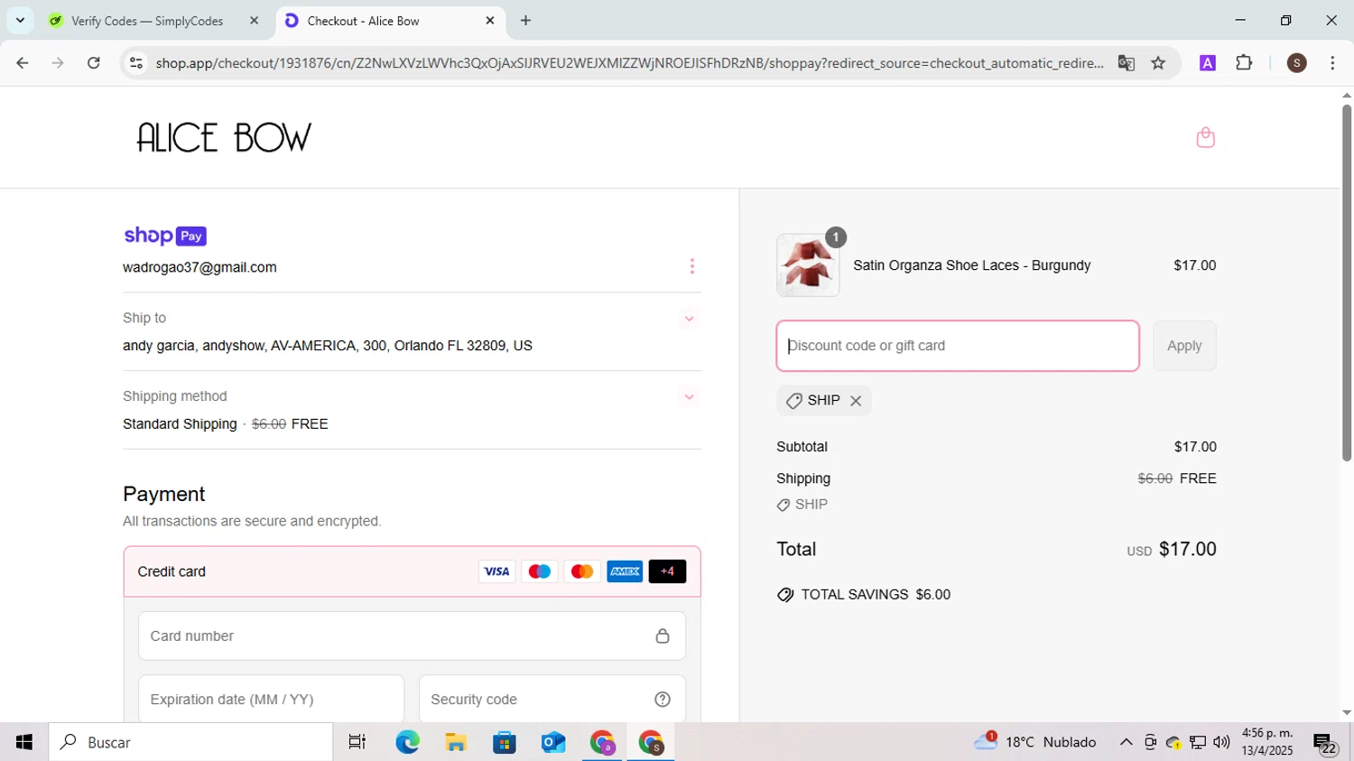 Alice Bow promo code screenshot showing code SHIP applied at Alice Bow checkout page. Uploaded by SimplyCodes community member BudgetMaven6078 on Apr 13, 2025