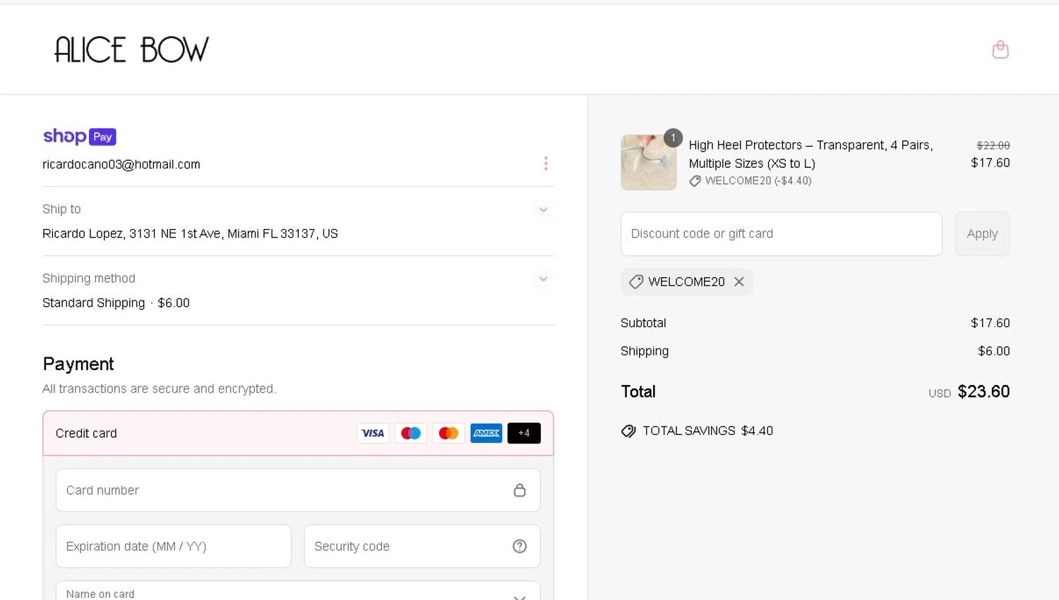 Alice Bow promo code screenshot showing code WELCOME20 applied at Alice Bow checkout page. Uploaded by SimplyCodes community member LAMINEJAMAL on Mar 28, 2025