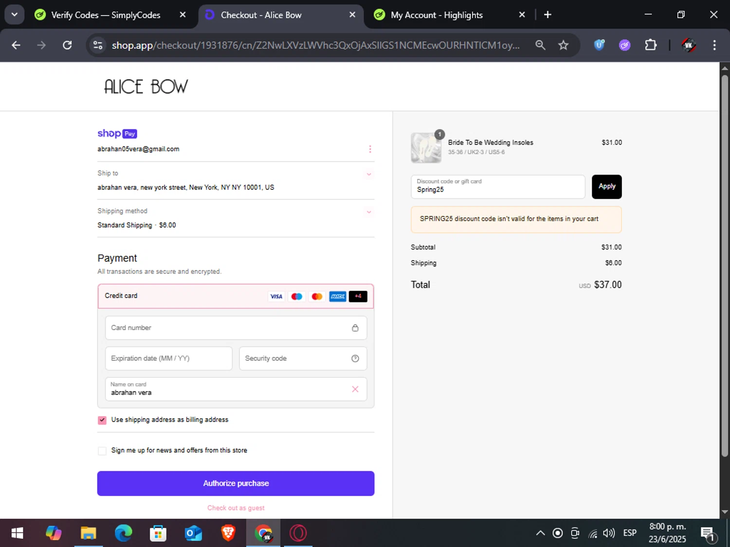 Alice Bow promo code screenshot showing code Spring25 applied at Alice Bow checkout page. Uploaded by SimplyCodes community member TreasureAdmiral6867 on Jun 24, 2025