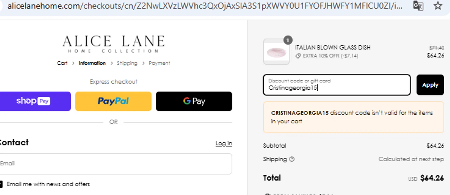 Alice Lane Home Collection promo code screenshot showing code Cristinageorgia15 applied at Alice Lane Home Collection checkout page. Uploaded by SimplyCodes community member PennyOwl2559 on Mar 13, 2025