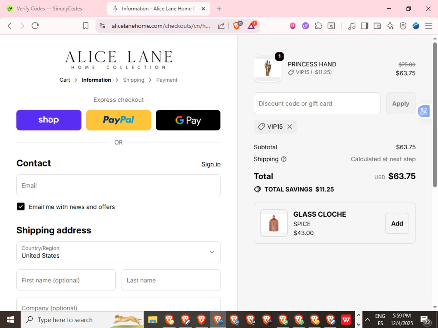 Alice Lane Home Collection promo code screenshot showing code VIP15 applied at Alice Lane Home Collection checkout page. Uploaded by SimplyCodes community member TokenPilot3367 on Dec 4, 2025