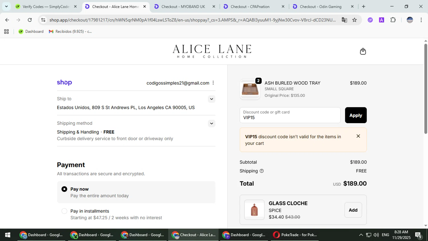 Alice Lane Home Collection promo code screenshot showing code VIP15 applied at Alice Lane Home Collection checkout page. Uploaded by SimplyCodes community member TrevorPhilips on Nov 29, 2025