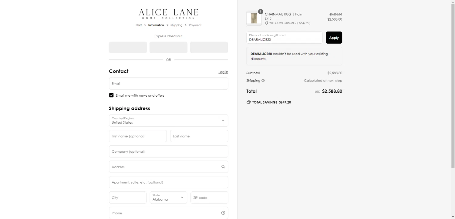 Alice Lane Home Collection promo code screenshot showing code DEARALICE20 applied at Alice Lane Home Collection checkout page. Uploaded by SimplyCodes community member CashSentinel5495 on Jun 25, 2025