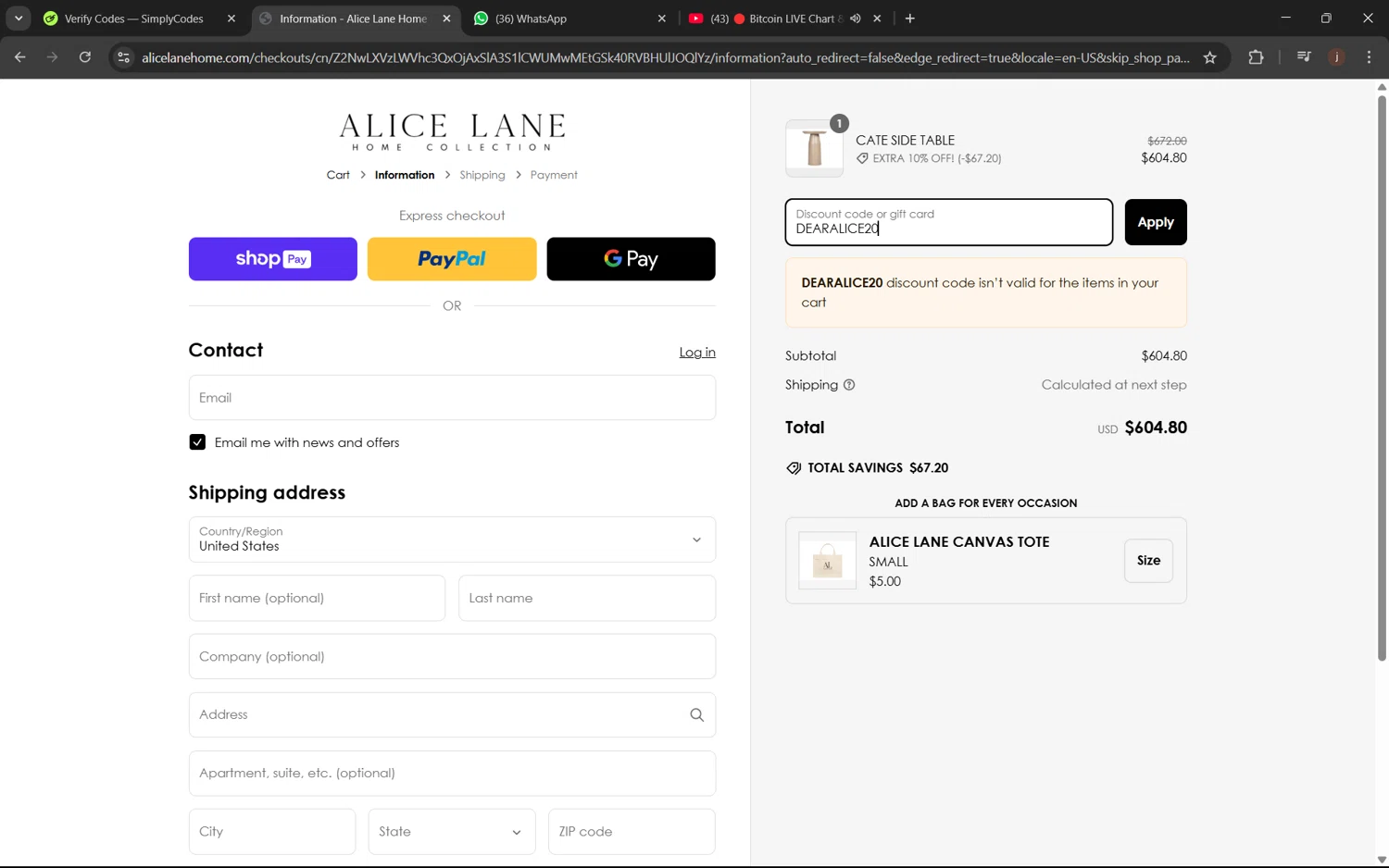 Alice Lane Home Collection promo code screenshot showing code DEARALICE20 applied at Alice Lane Home Collection checkout page. Uploaded by SimplyCodes community member juanx1702 on Mar 13, 2025