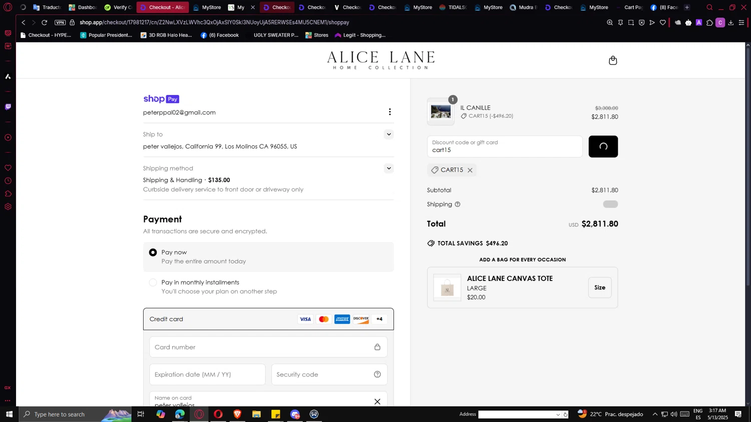 Alice Lane Home Collection promo code screenshot showing code cart15 applied at Alice Lane Home Collection checkout page. Uploaded by SimplyCodes community member ricardoramirez1 on May 13, 2025