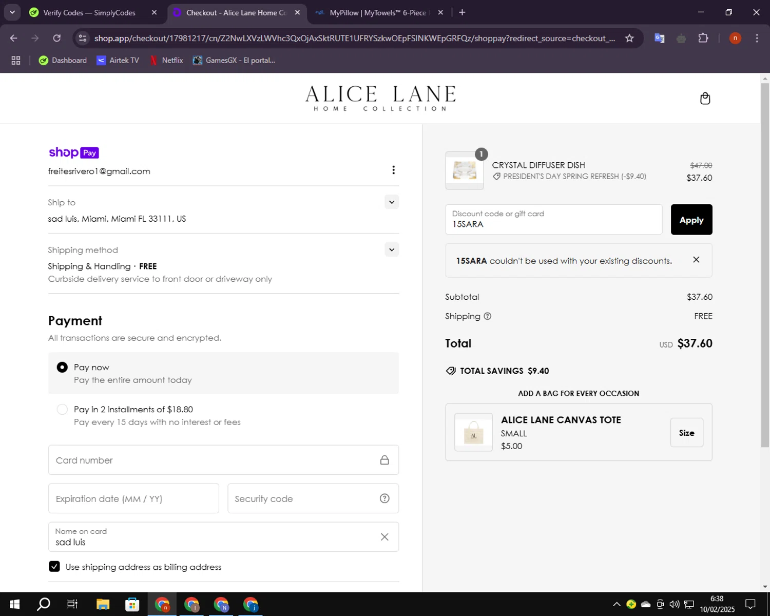 Alice Lane Home Collection promo code screenshot showing code 15SARA applied at Alice Lane Home Collection checkout page. Uploaded by SimplyCodes community member BudgetShopper182 on Feb 10, 2025