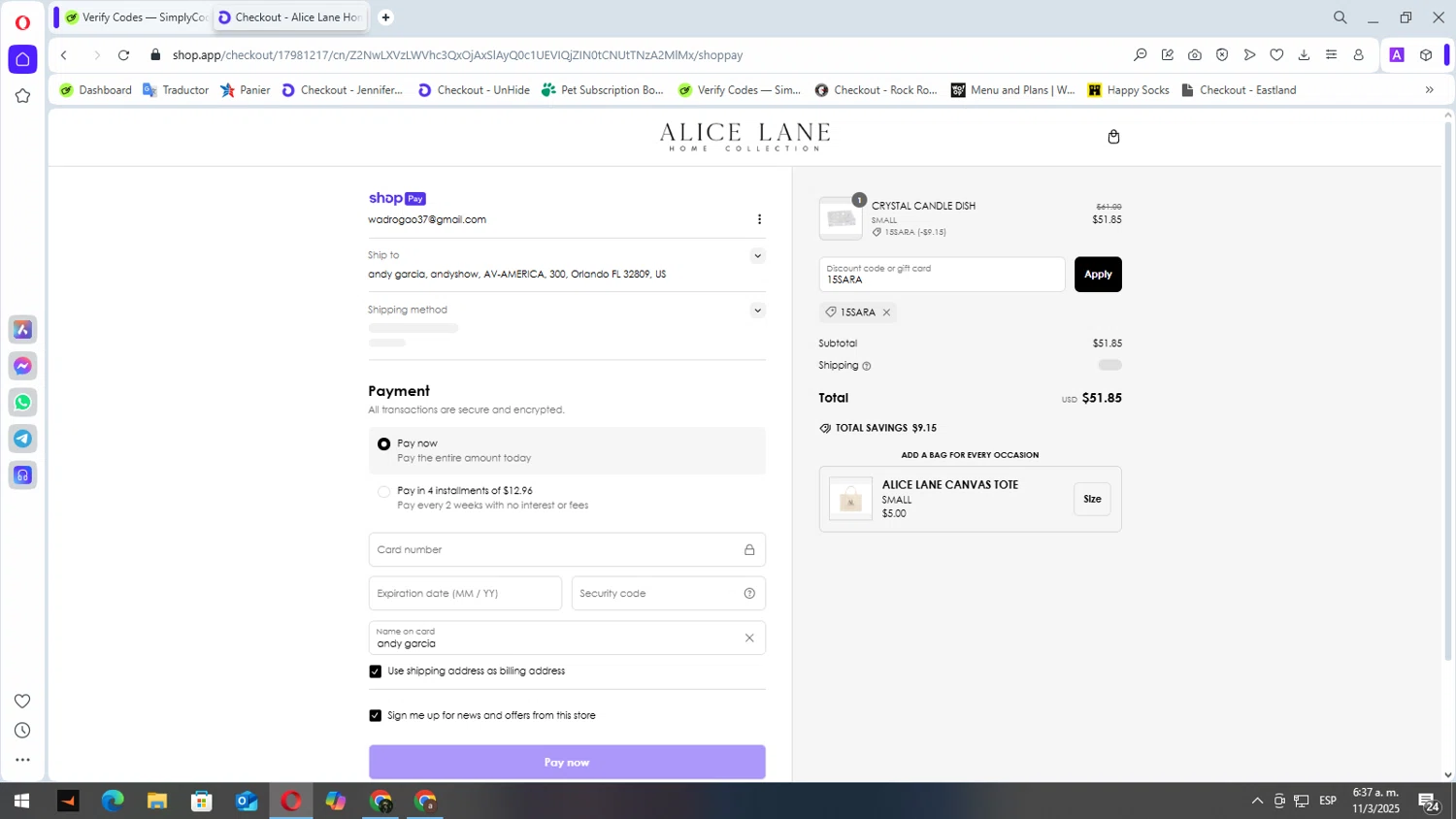 Alice Lane Home Collection promo code screenshot showing code 15SARA applied at Alice Lane Home Collection checkout page. Uploaded by SimplyCodes community member elbicho22 on Mar 11, 2025