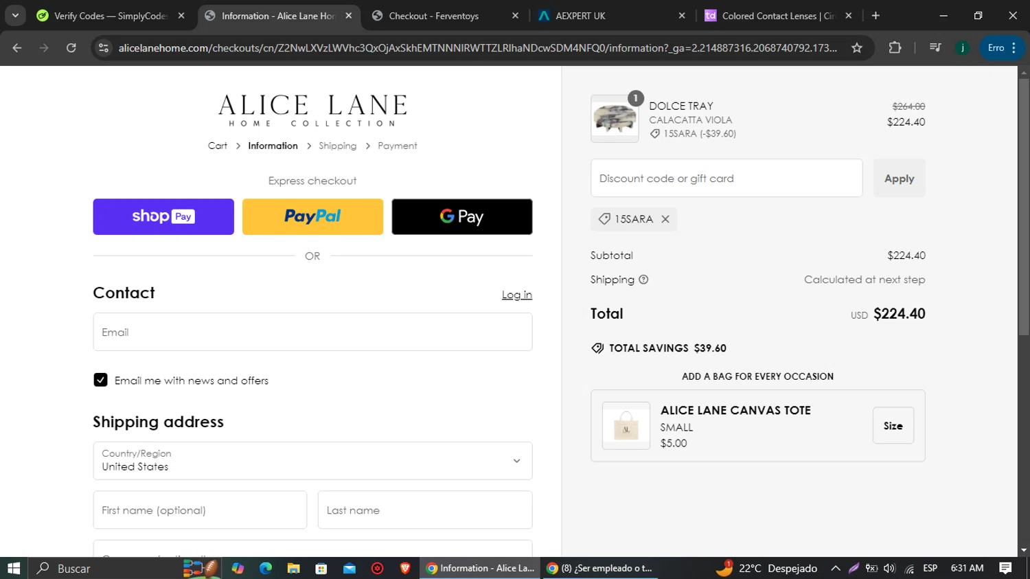 Alice Lane Home Collection promo code screenshot showing code 15SARA applied at Alice Lane Home Collection checkout page. Uploaded by SimplyCodes community member jairinho on Jan 12, 2025