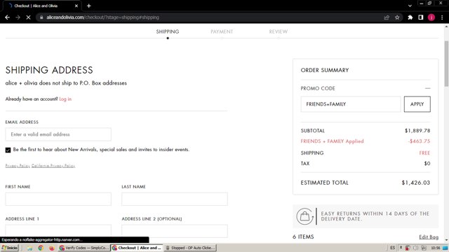 Alice + Olivia checkout page showing Alice + Olivia promo code box | Screenshot taken by SimplyCodes community member on Sep 24, 2024