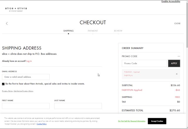 Alice + Olivia checkout page showing Alice + Olivia promo code box | Screenshot taken by SimplyCodes community member on Sep 29, 2024