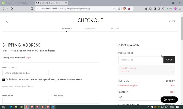 Alice + Olivia checkout page showing Alice + Olivia promo code box | Screenshot taken by SimplyCodes community member on Sep 29, 2024