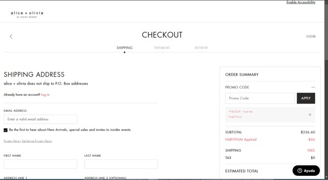 Alice + Olivia checkout page showing Alice + Olivia promo code box | Screenshot taken by SimplyCodes community member on Sep 28, 2024