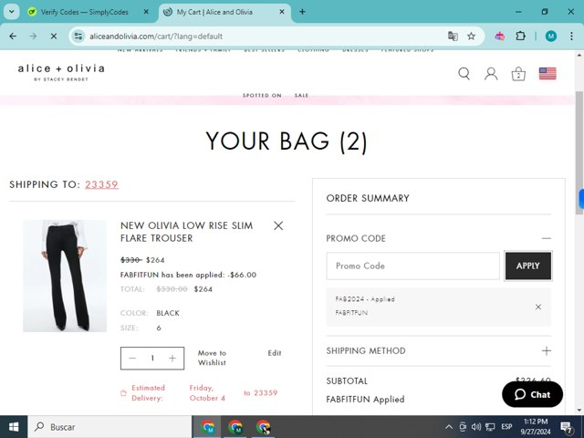 Alice + Olivia checkout page showing Alice + Olivia promo code box | Screenshot taken by SimplyCodes community member on Sep 27, 2024