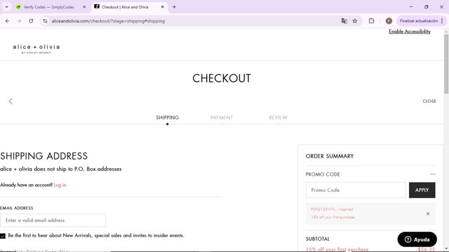 Alice + Olivia checkout page showing Alice + Olivia promo code box | Screenshot taken by SimplyCodes community member on Feb 25, 2025