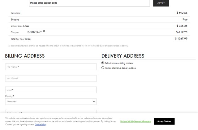 Alice + Olivia checkout page showing Alice + Olivia promo code box | Screenshot taken by SimplyCodes community member on Mar 27, 2025