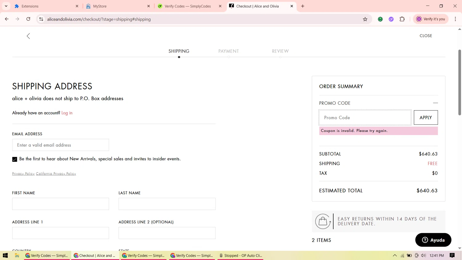 Alice + Olivia promo code screenshot showing code 40%OFF applied at Alice + Olivia checkout page. Uploaded by SimplyCodes community member ShrewdMaverick9198 on Jun 21, 2025