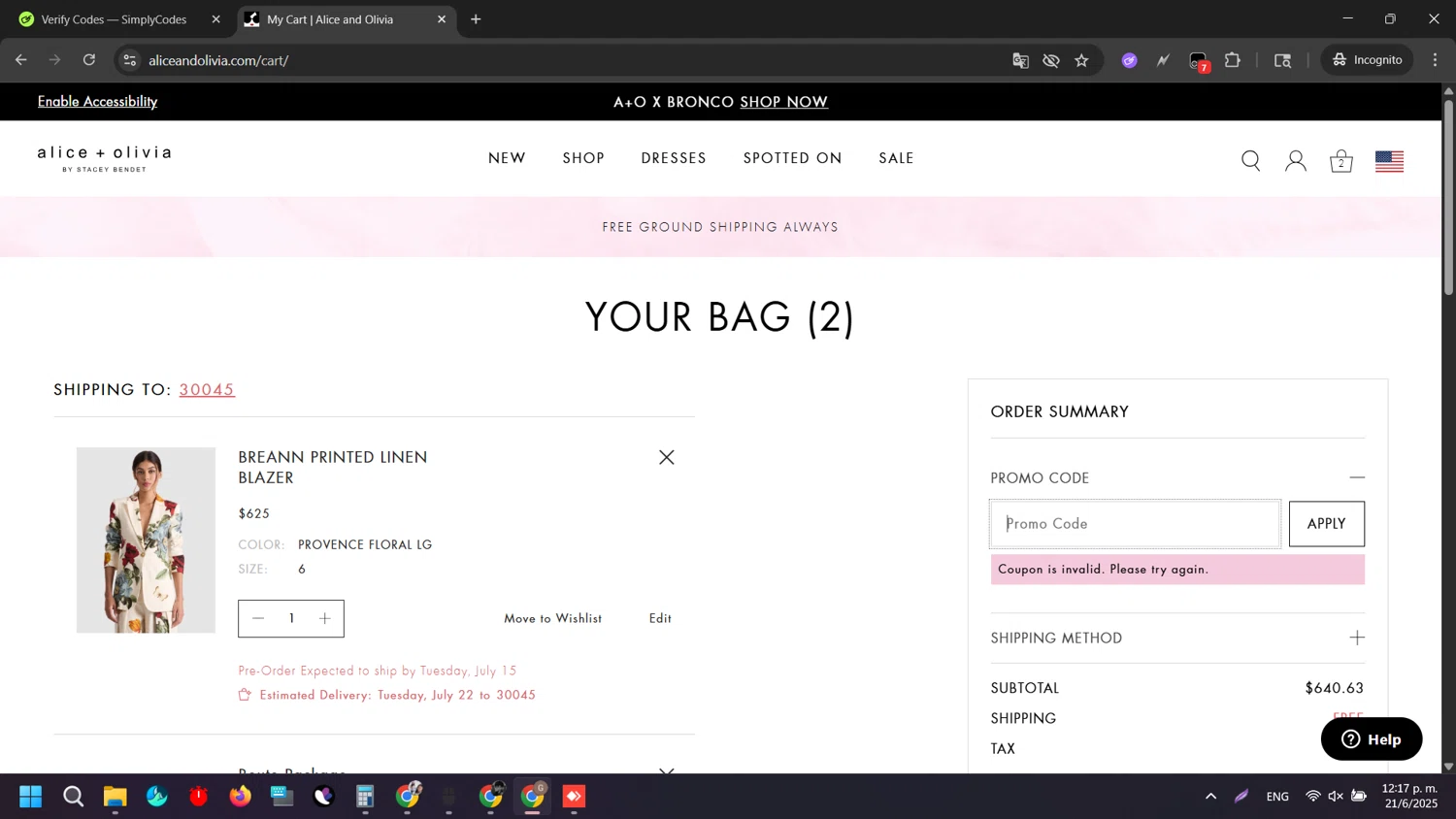 Alice + Olivia promo code screenshot showing code 40%OFF applied at Alice + Olivia checkout page. Uploaded by SimplyCodes community member SilverAdmiral2559 on Jun 21, 2025