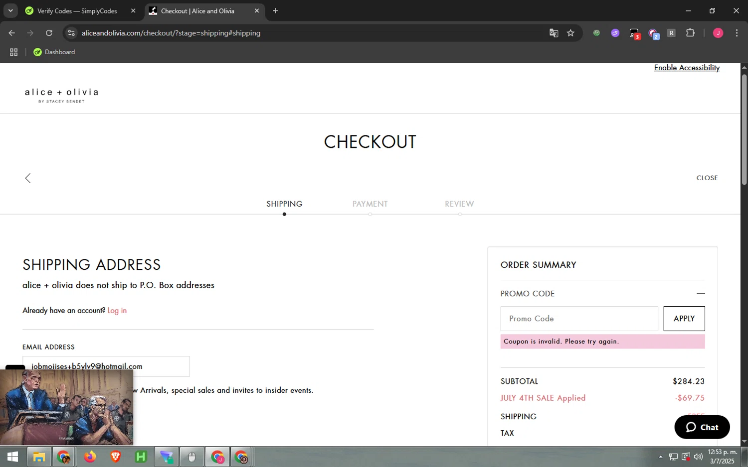 Alice + Olivia promo code screenshot showing code JULY4THSALE applied at Alice + Olivia checkout page. Uploaded by SimplyCodes community member CouponAce782 on Jul 3, 2025