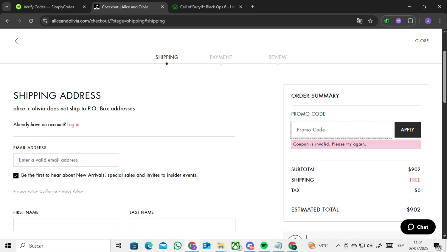 Alice + Olivia promo code screenshot showing code JULY4THSALE applied at Alice + Olivia checkout page. Uploaded by SimplyCodes community member ENCARAMESSI on Jul 3, 2025