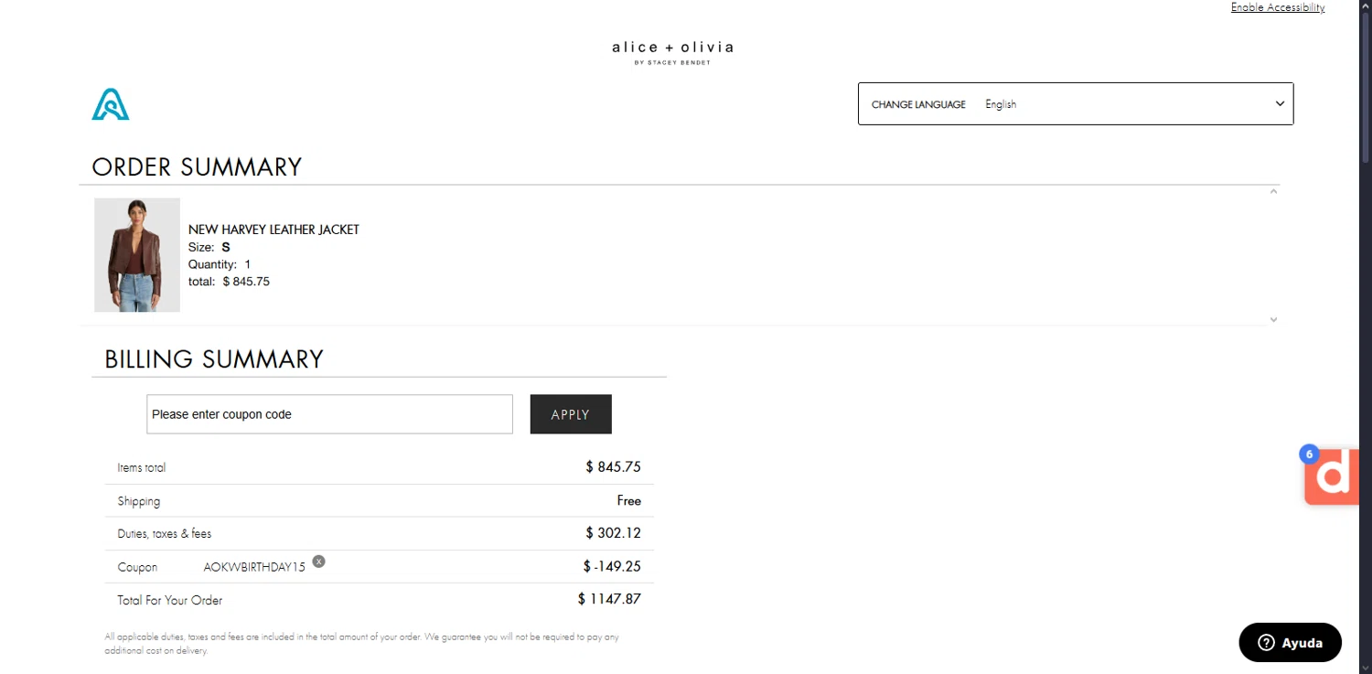 Alice + Olivia promo code screenshot showing code AOKWBIRTHDAY15 applied at Alice + Olivia checkout page. Uploaded by SimplyCodes community member Serdanvz on Aug 19, 2025