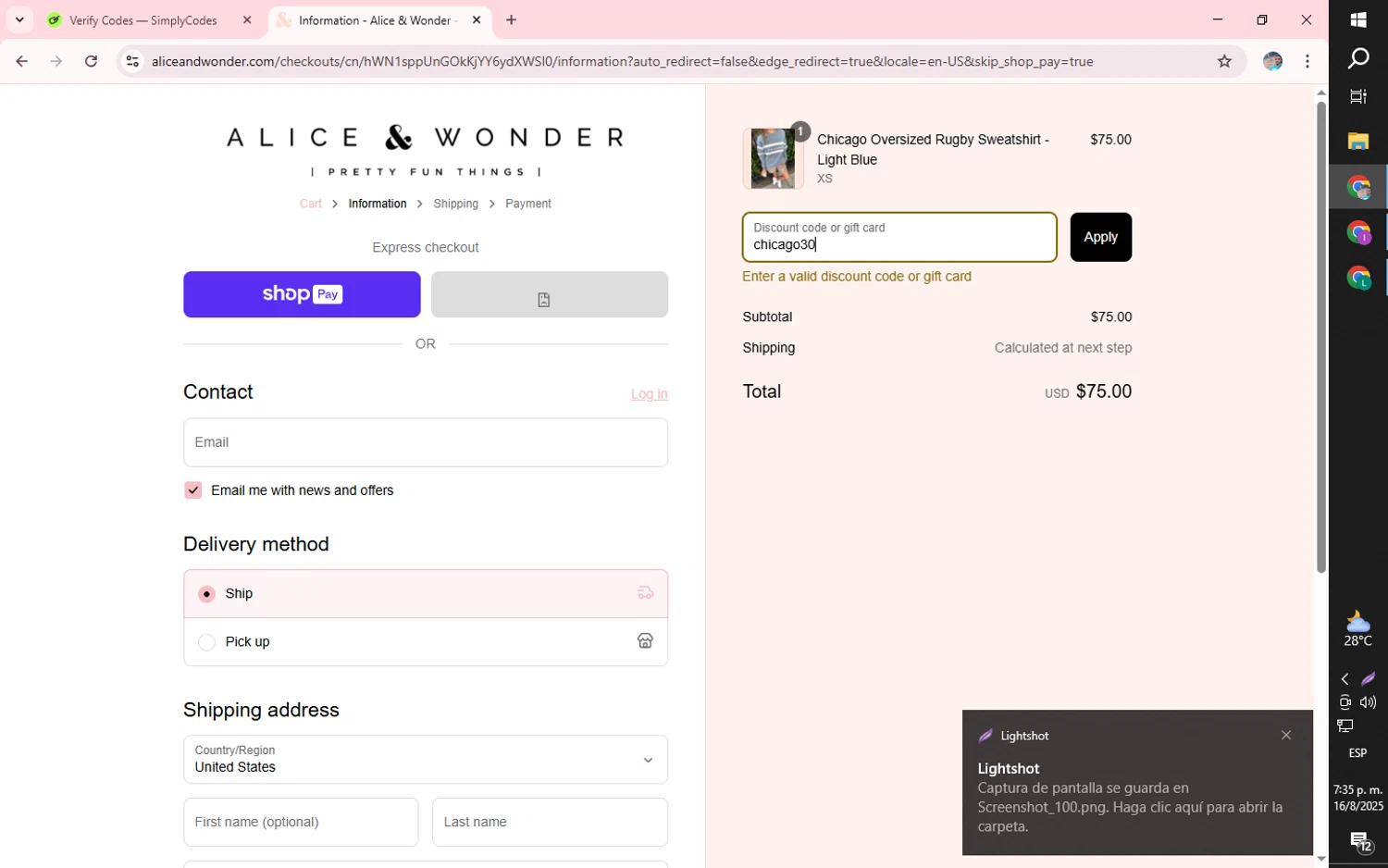 Alice & Wonder promo code screenshot showing code chicago30 applied at Alice & Wonder checkout page. Uploaded by SimplyCodes community member Luisgauna0512 on Aug 16, 2025