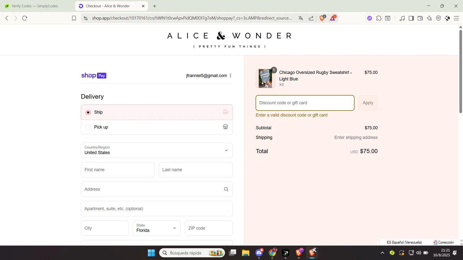 Alice & Wonder promo code screenshot showing code chicago30 applied at Alice & Wonder checkout page. Uploaded by SimplyCodes community member PapoPelu0 on Aug 17, 2025