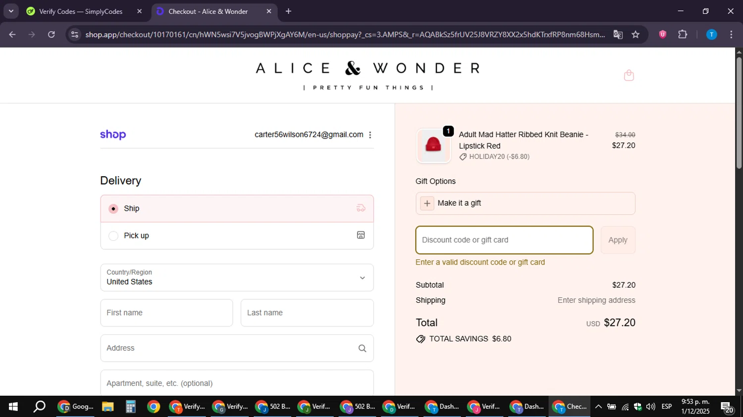 Alice & Wonder promo code screenshot showing code madhtr30 applied at Alice & Wonder checkout page. Uploaded by SimplyCodes community member LuckyPioneer4530 on Dec 2, 2025