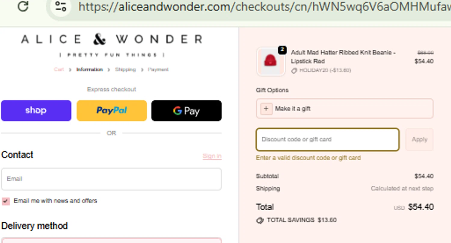 Alice & Wonder promo code screenshot showing code madhtr30 applied at Alice & Wonder checkout page. Uploaded by SimplyCodes community member RewardFinder4836 on Dec 2, 2025