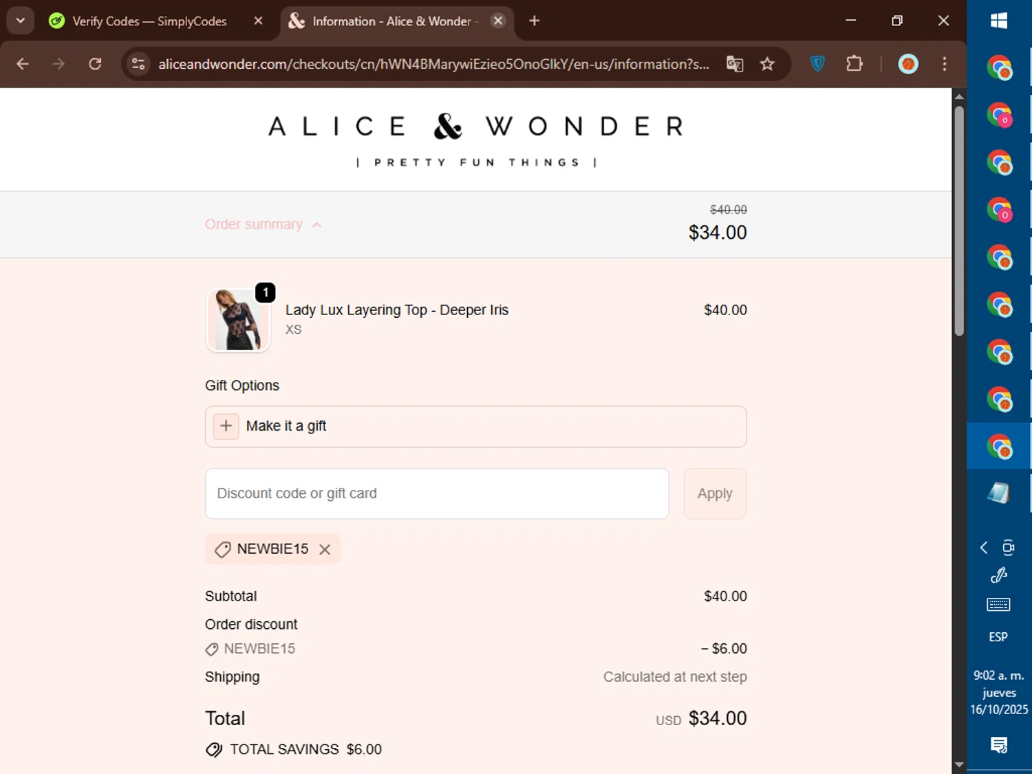 Alice & Wonder promo code screenshot showing code NEWBIE15 applied at Alice & Wonder checkout page. Uploaded by SimplyCodes community member DealElite4728 on Oct 16, 2025