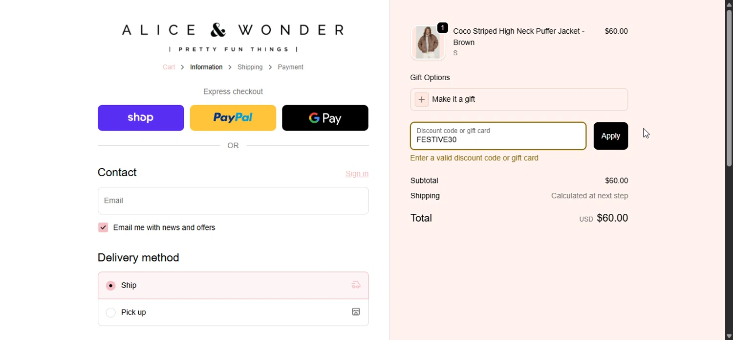 Alice & Wonder promo code screenshot showing code FESTIVE30 applied at Alice & Wonder checkout page. Uploaded by SimplyCodes community member Bendito on Dec 7, 2025