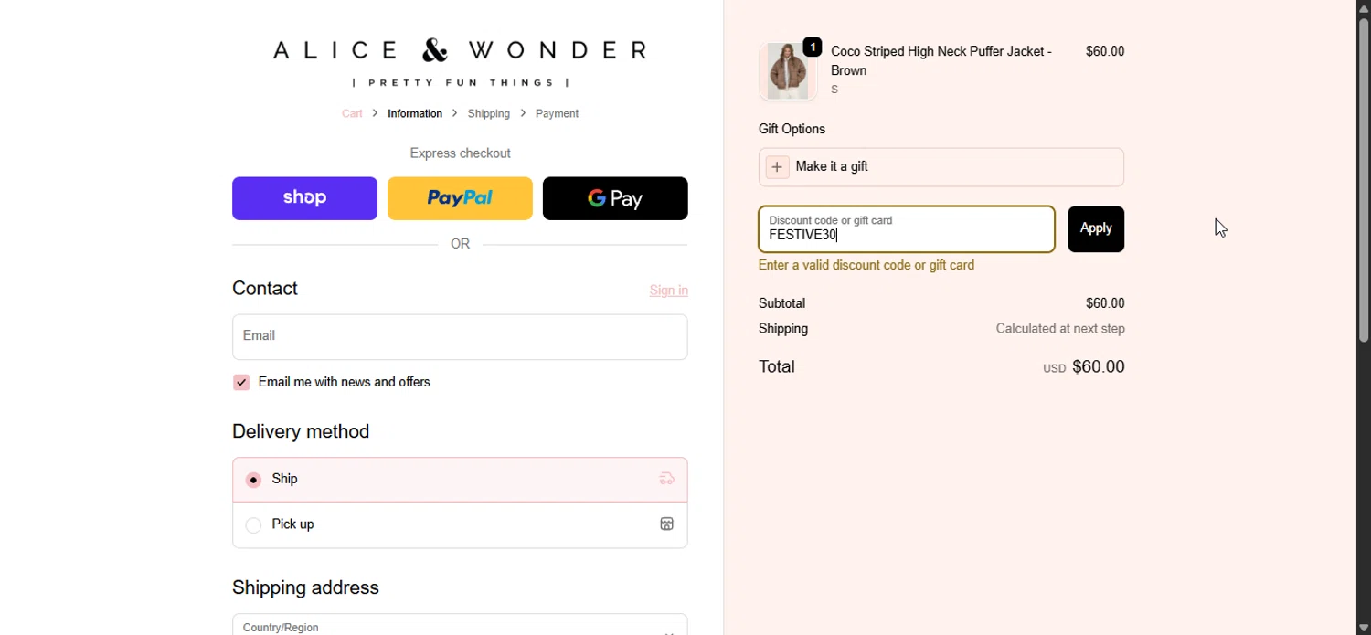 Alice & Wonder promo code screenshot showing code FESTIVE30 applied at Alice & Wonder checkout page. Uploaded by SimplyCodes community member LuckyPioneer1027 on Dec 7, 2025