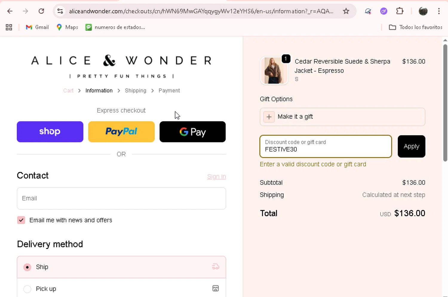 Alice & Wonder promo code screenshot showing code FESTIVE30 applied at Alice & Wonder checkout page. Uploaded by SimplyCodes community member adrianvasquez1 on Dec 7, 2025