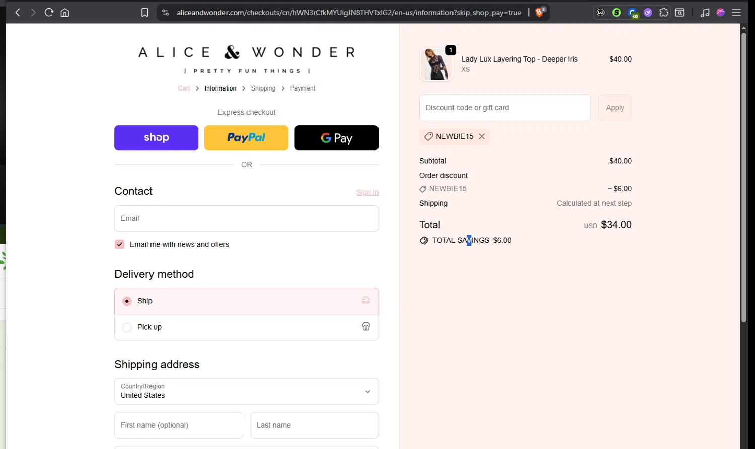 Alice & Wonder promo code screenshot showing code NEWBIE15 applied at Alice & Wonder checkout page. Uploaded by SimplyCodes community member Jmhernand1 on Oct 7, 2025