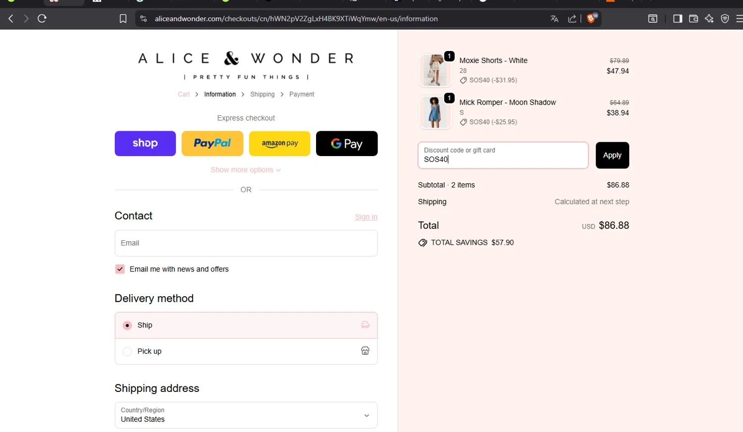 Alice & Wonder promo code screenshot showing code SOS40 applied at Alice & Wonder checkout page. Uploaded by SimplyCodes community member crischidy25 on Sep 27, 2025
