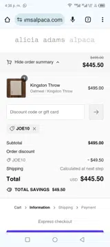 JOE10 coupon verification screenshot