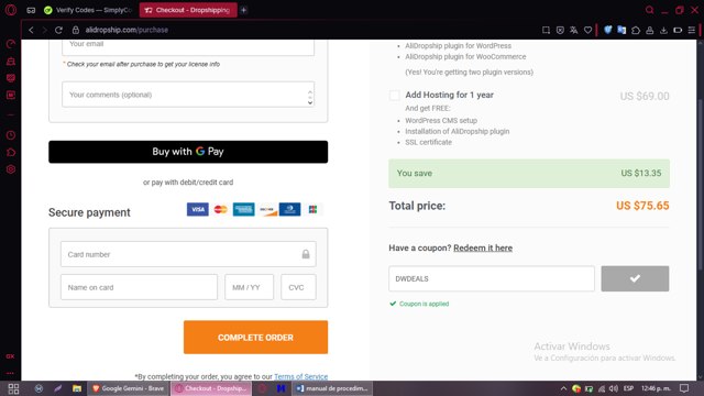 AliDropship checkout page showing AliDropship promo code box | Screenshot taken by SimplyCodes community member on Aug 3, 2025