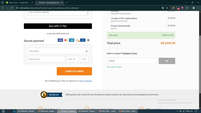 AliDropship checkout page showing AliDropship promo code box | Screenshot taken by SimplyCodes community member on Aug 5, 2025