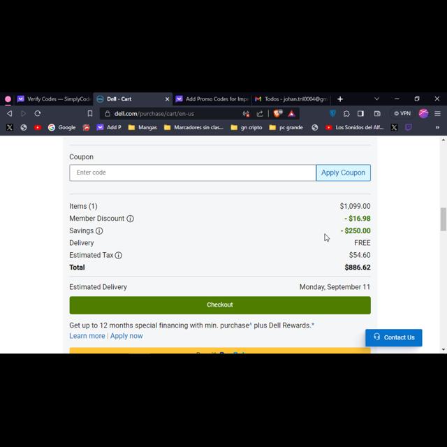 Alienware checkout page showing Alienware coupon code box | Screenshot taken by SimplyCodes community member on Sep 7, 2023