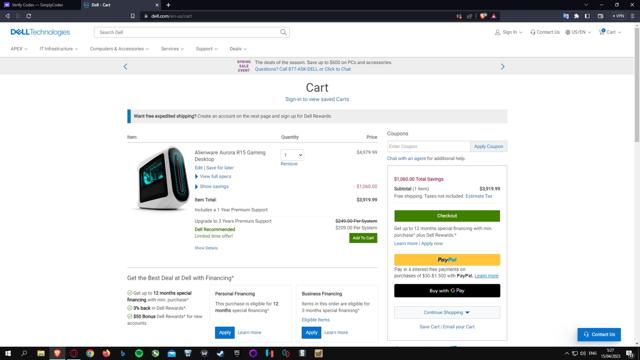 Alienware checkout page showing Alienware coupon code box | Screenshot taken by SimplyCodes community member on Apr 15, 2023