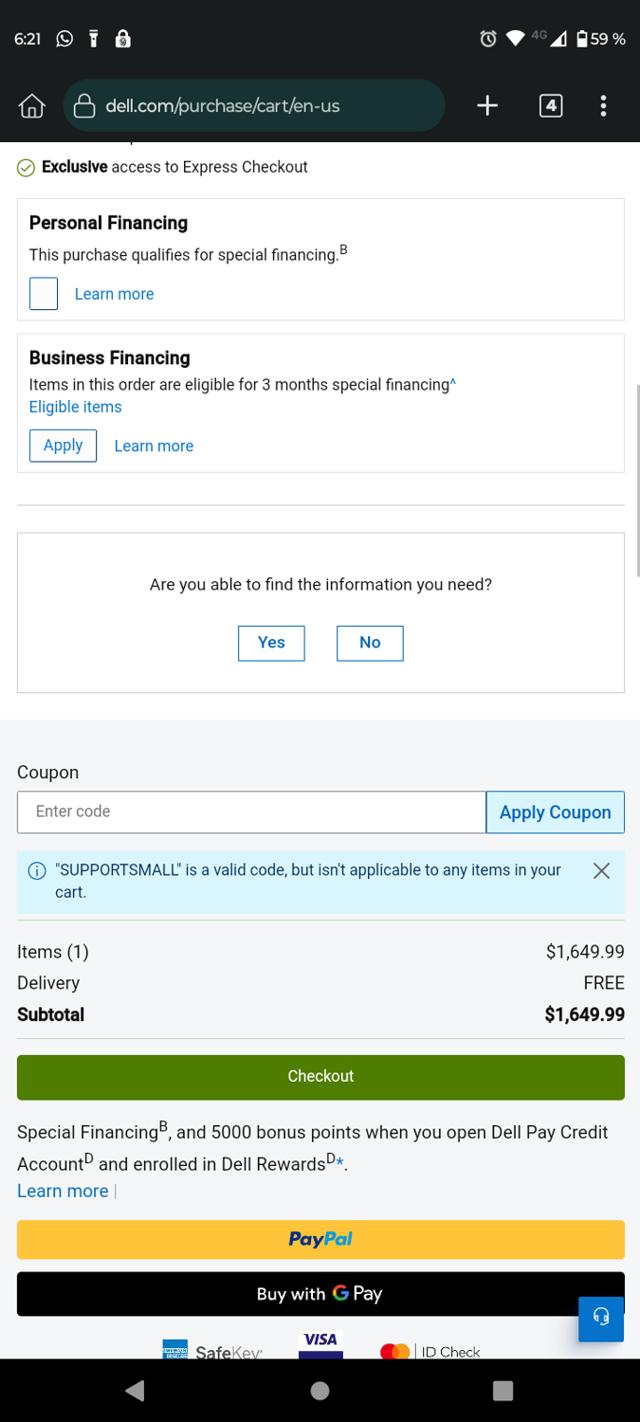 Alienware checkout page showing Alienware coupon code box | Screenshot taken by SimplyCodes community member on Feb 5, 2024