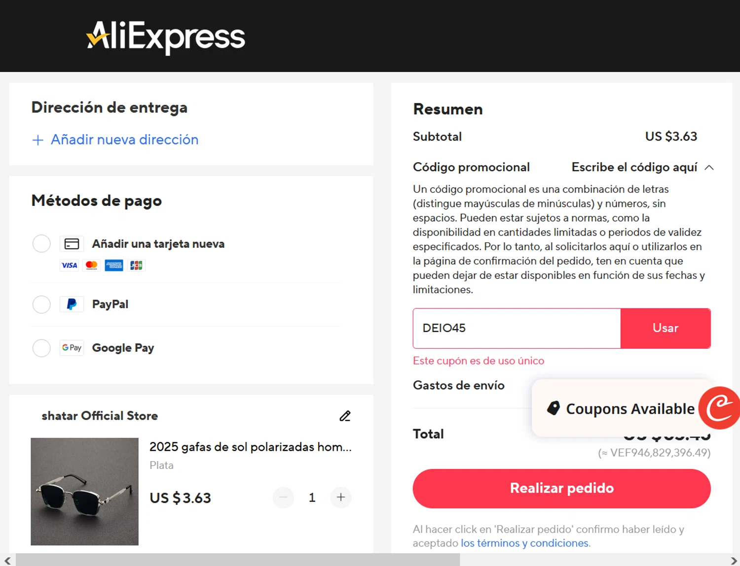 AliExpress promo code screenshot showing code DEIO45 applied at AliExpress checkout page. Uploaded by SimplyCodes community member ValiantLion5897 on Aug 29, 2025