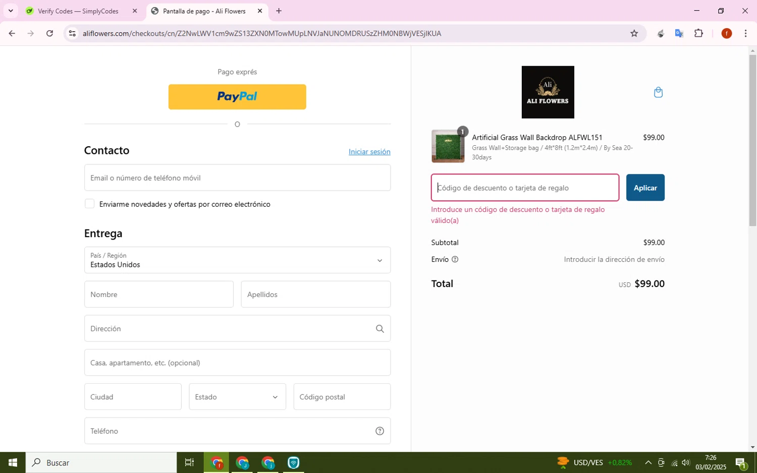 Ali Flowers promo code screenshot showing code FW05 applied at Ali Flowers checkout page. Uploaded by SimplyCodes community member Collug on Feb 3, 2025