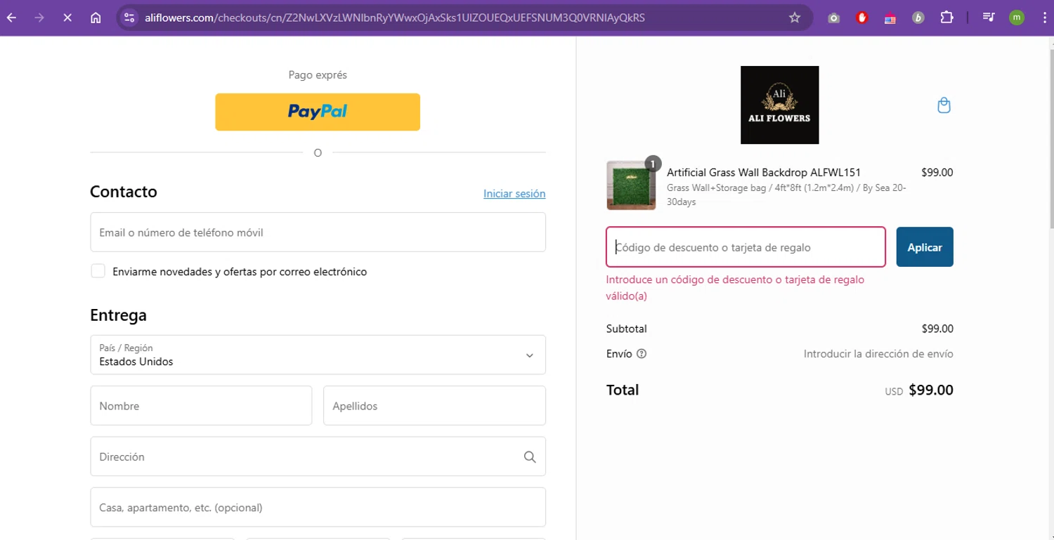 Ali Flowers promo code screenshot showing code FW05 applied at Ali Flowers checkout page. Uploaded by SimplyCodes community member eduardolopez on Feb 3, 2025