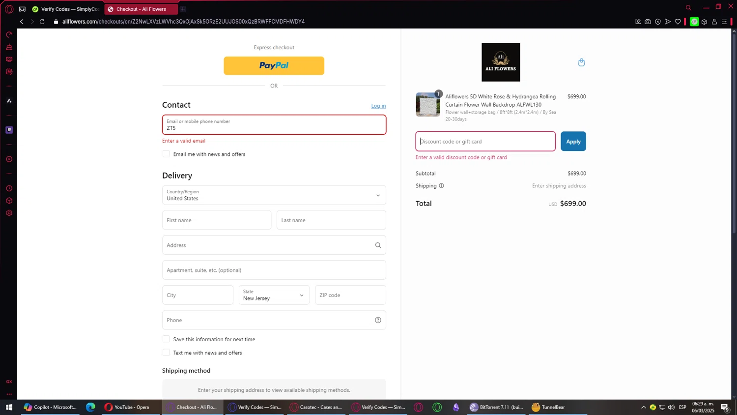 Ali Flowers promo code screenshot showing code ZT5 applied at Ali Flowers checkout page. Uploaded by SimplyCodes community member Chris_bumstead on Mar 6, 2025