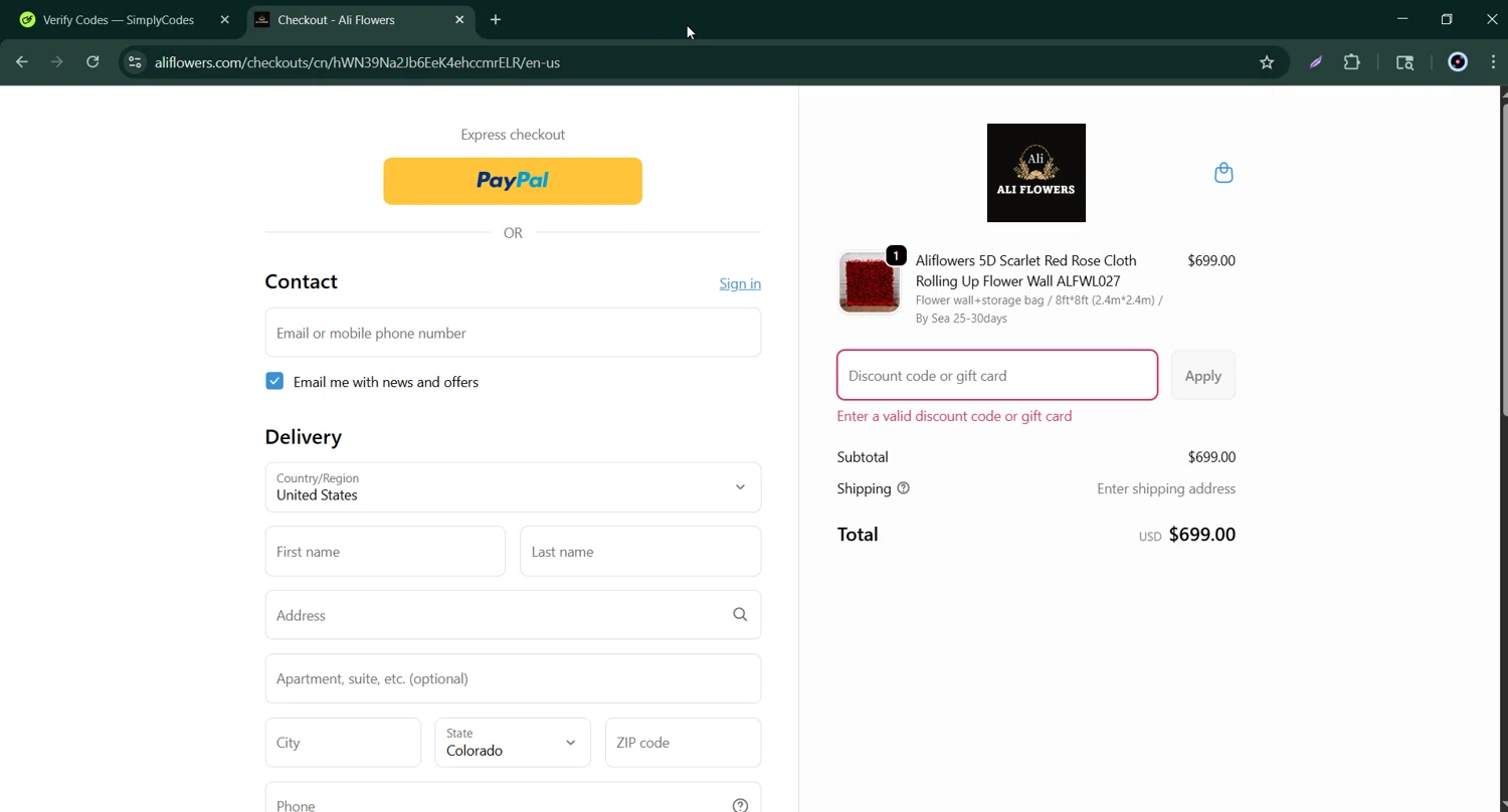 Ali Flowers promo code screenshot showing code FW10 applied at Ali Flowers checkout page. Uploaded by SimplyCodes community member Bernard_Lowe on Sep 19, 2025